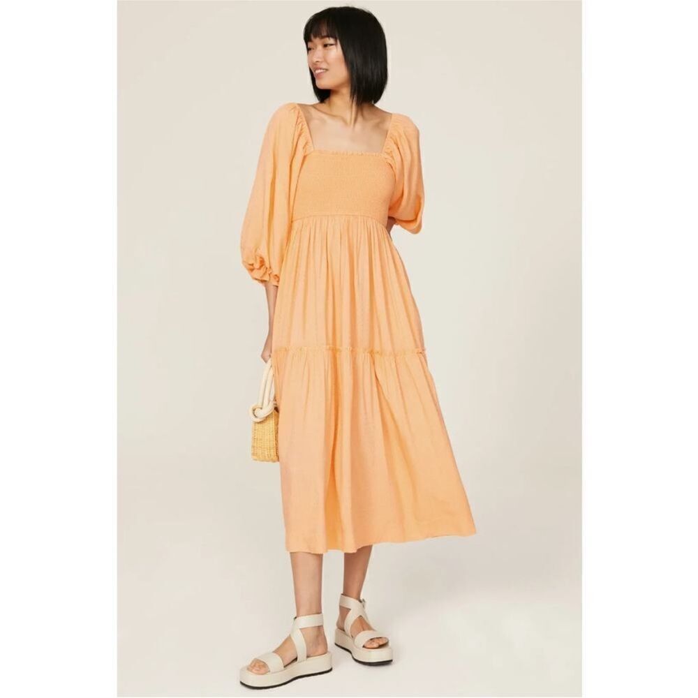 Louna Dress 3/4 Puff Sleeve Square Neck Smocked Ruffle Tiered Midi Orange Small